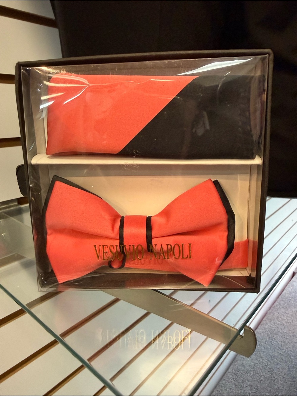 NWT Coral and Black  Bow Tie and Pocket Square Set